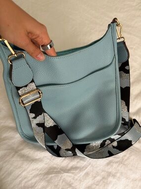 Light Blue Leather Crossbody Bag with Patterned Strap